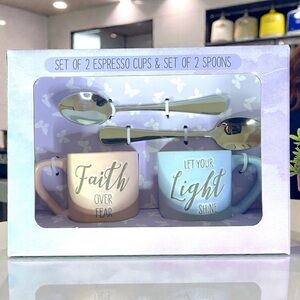 Espresso Gift Set 4-Pc 2 Cups 2 Spoons Religious Inspirational Pink Blue NEW NIB